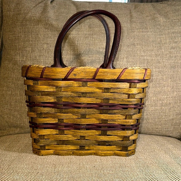 AMISH HANDMADE WOODEN LEATHER HANDLE CUSTOM MADE 8” BEAUTIFUL BASKET TOTE - Picture 11 of 13